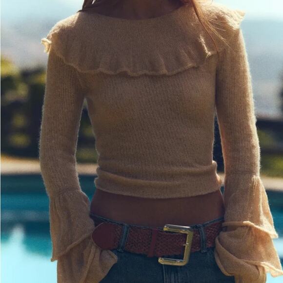 Zara alpaca wool blend ruffle sleeve lightweight knit sweater size medium - Picture 2 of 8